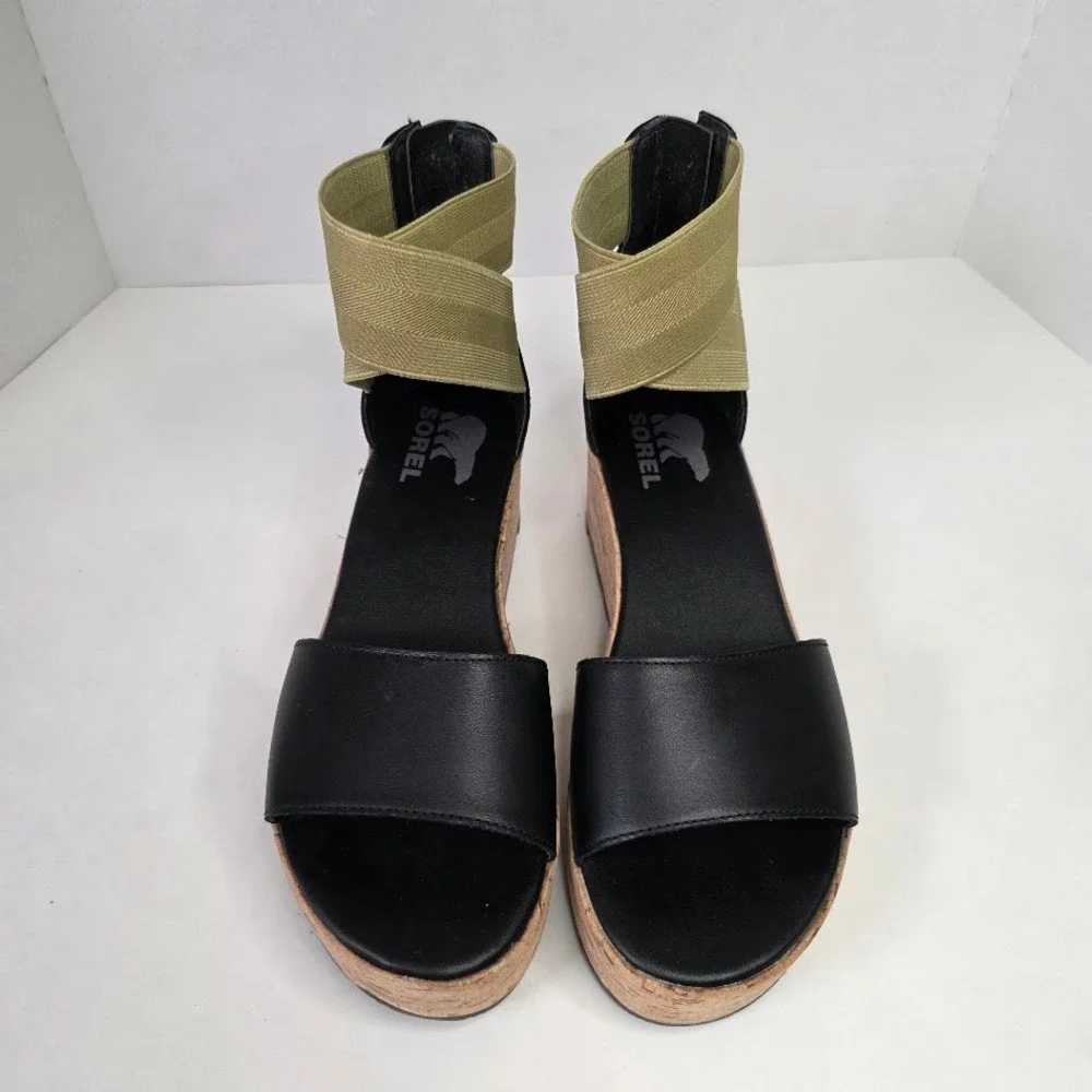 Sorel Women 7.5 Cameron Flatform Sandals Black Sage Cork LL6025-010